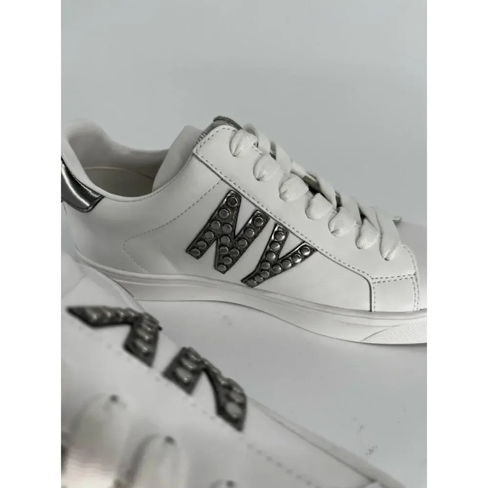DKNY Abeni Sneakers Logo Detail Lace Up White Silver - Size 8.5M